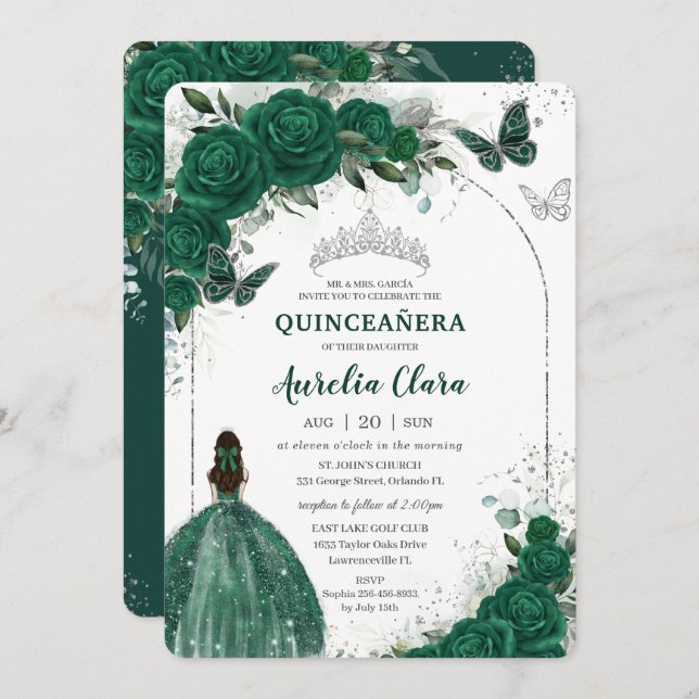 Convite Emerald Green Floral Princess Silver Quinceañera (Frente/Verso)