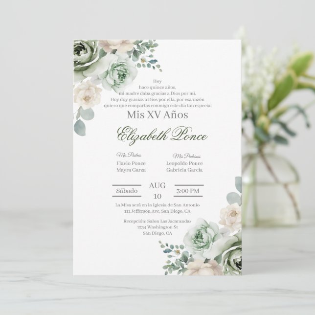 Convite Emerald green floral Quinceañera (Em pé/Frente)