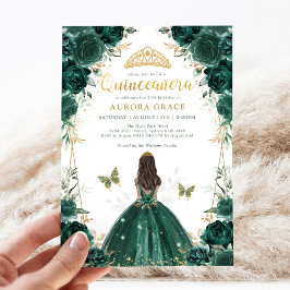 Convite Emerald Green Floral Quinceañera Crown Princess