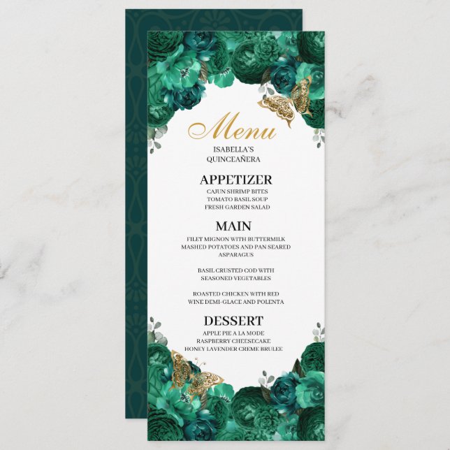 Convite Emerald Green Floral Quinceanera Menu (Frente/Verso)