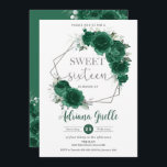 Convite Emerald Green Floral Silver Doce Dezesseis Anivers<br><div class="desc">Personalize este bonito convite de 16 anos do eserald green floral Sweet, fácil e rapidamente. Apresentando uma garota vestida com um belo vestido verde esmeralda, flores verdes esmeraldas e borboletas. Basta clicar no botão Editar usando ferramentas de Design para editar o texto, o texto, o estilo da fonte, o tamanho...</div>