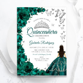 Convite Emerald Green Floral Silver White Quinceanera