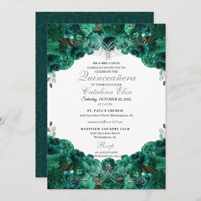 Convite Emerald Green Floral Sweet 15 Quinceanera (Frente/Verso)