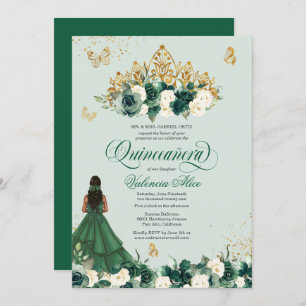 Convite Emerald Green Floral Tiara + Butterfly Quinceanera