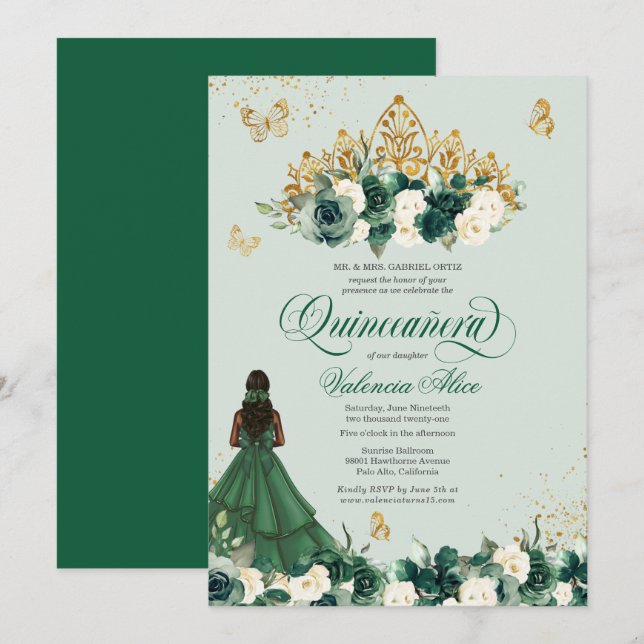 Convite Emerald Green Floral Tiara + Butterfly Quinceanera (Frente/Verso)