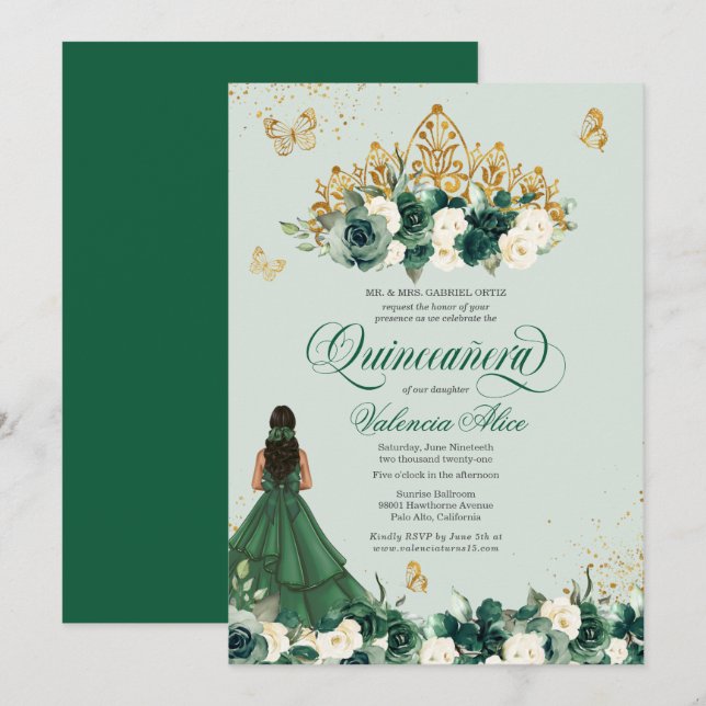 Convite Emerald Green Floral Tiara + Butterfly Quinceanera (Frente/Verso)