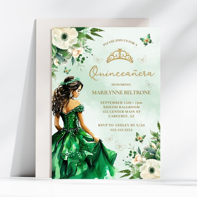 Convite Emerald Green Floral Vestido Butterfly Quinceañera (Criador carregado)