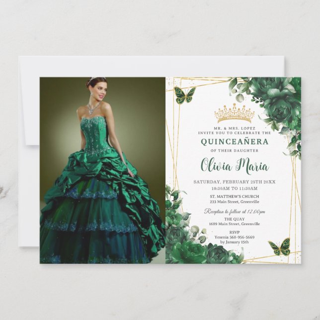 Convite Emerald Green Flowers Floral Quinceañera Picture (Frente)