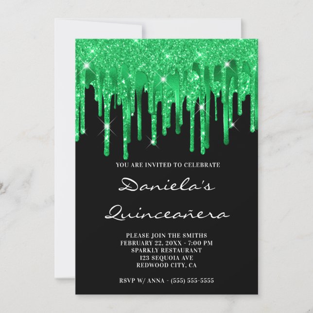 Convite Emerald Green Glitter Foil Coloca Quinceañera Negr (Frente)