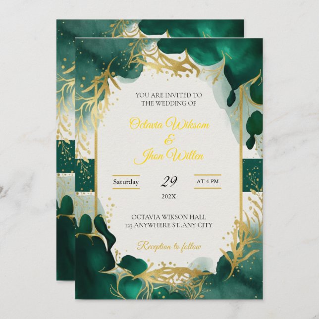 Convite Emerald Green & Gold Elegant Wedding Invitation (Frente/Verso)