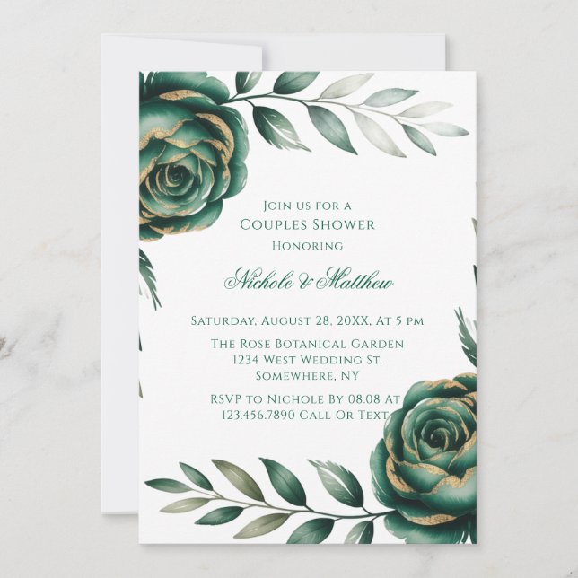 Convite Emerald Green & Gold Floral Couples Shower (Frente)