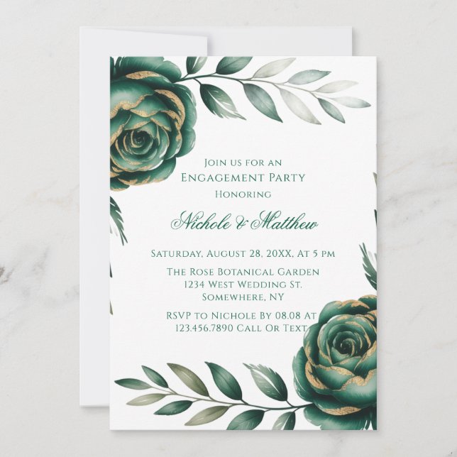 Convite Emerald Green & Gold Floral Engagement Party (Frente)