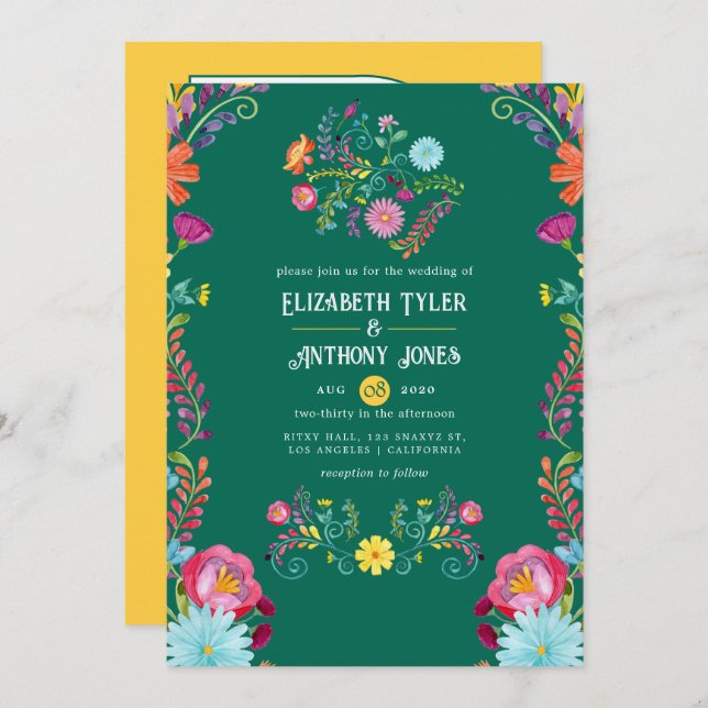Convite Emerald Green & Gold Floral Mexican Fiesta Wedding (Frente/Verso)