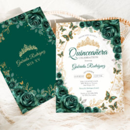 Convite Emerald Green Gold Floral Quinceanera