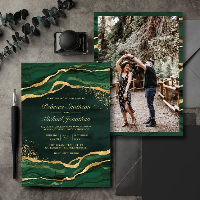 Convite Emerald Green Gold Fluid Ink Photo Wedding (Criador carregado)