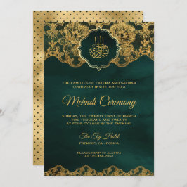 Convite Emerald Green Gold Foil Lace Islâmico Mehndi