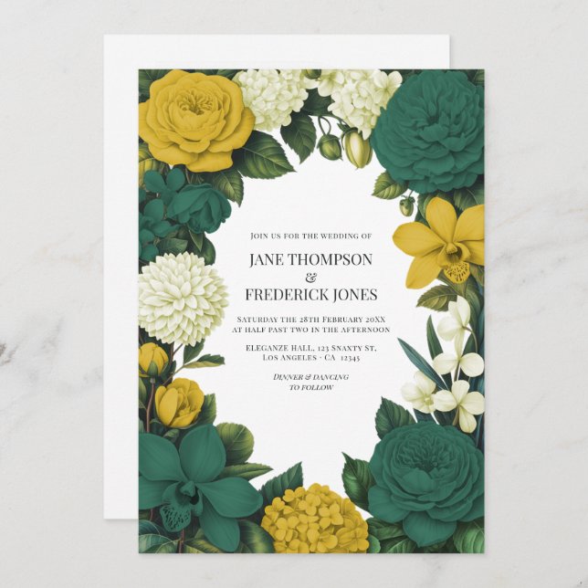 Convite Emerald Green, Gold & Ivory Floral Wedding (Frente/Verso)