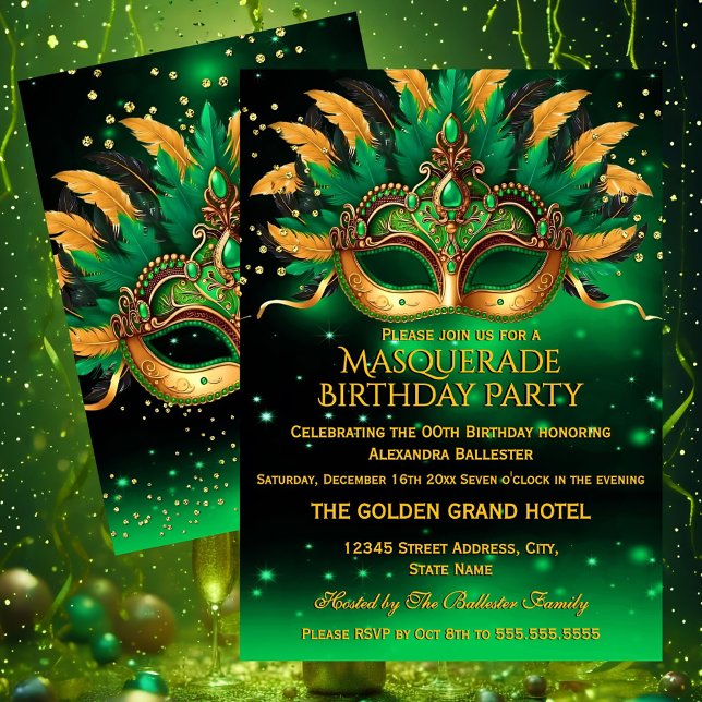 Convite Emerald Green Gold Masks Masquerade Birthday Party (Criador carregado)