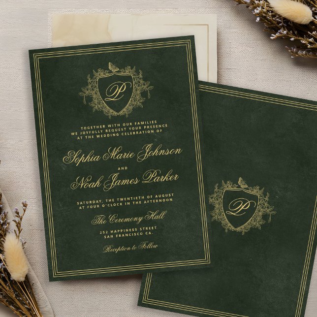 Convite Emerald green gold monogram wedding (Criador carregado)