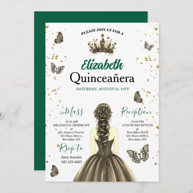Convite Emerald Green Gold Quinceañera Invitation (Frente/Verso)