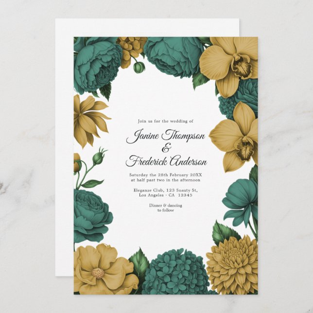 Convite Emerald Green & Gold Watercolor Floral Wedding (Frente/Verso)