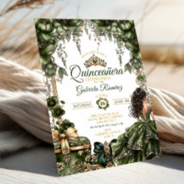 Convite Emerald Green Golden Tiara Floral  Quinceañera
