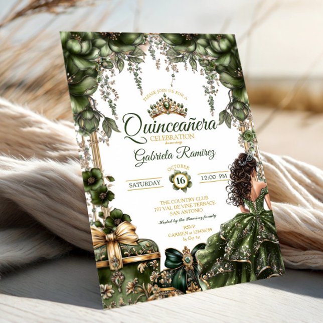 Convite Emerald Green Golden Tiara Floral  Quinceañera (Criador carregado)