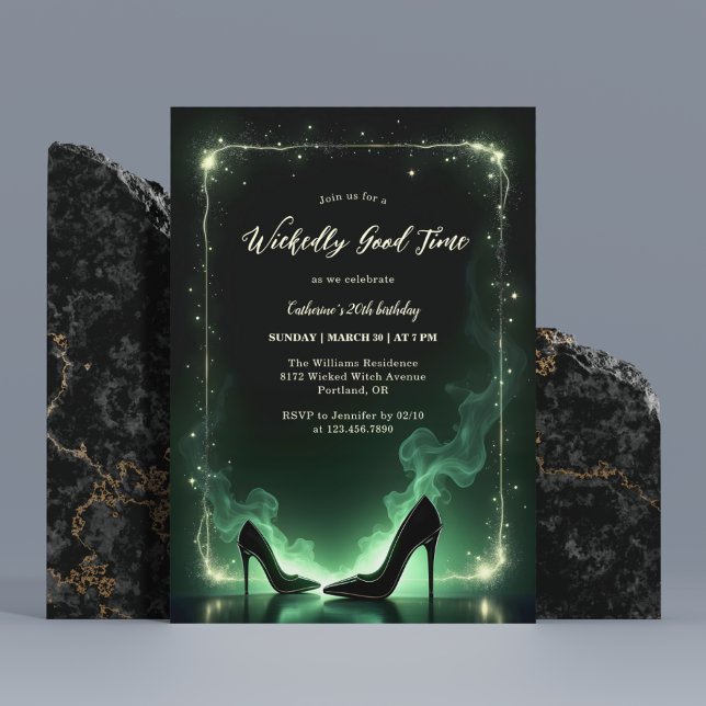 Convite Emerald Green High Heels Mystical Wicthday (Wicked Witch Themed Birthday Party Invitation – Emerald Green Mystical Design)