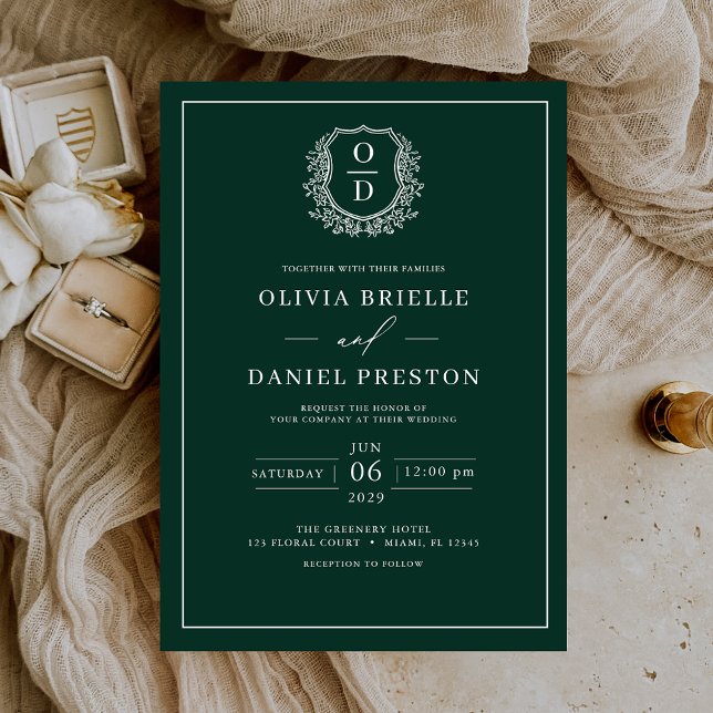 Convite Emerald Green Leafy Crest Monograma Casamento eleg (Criador carregado)