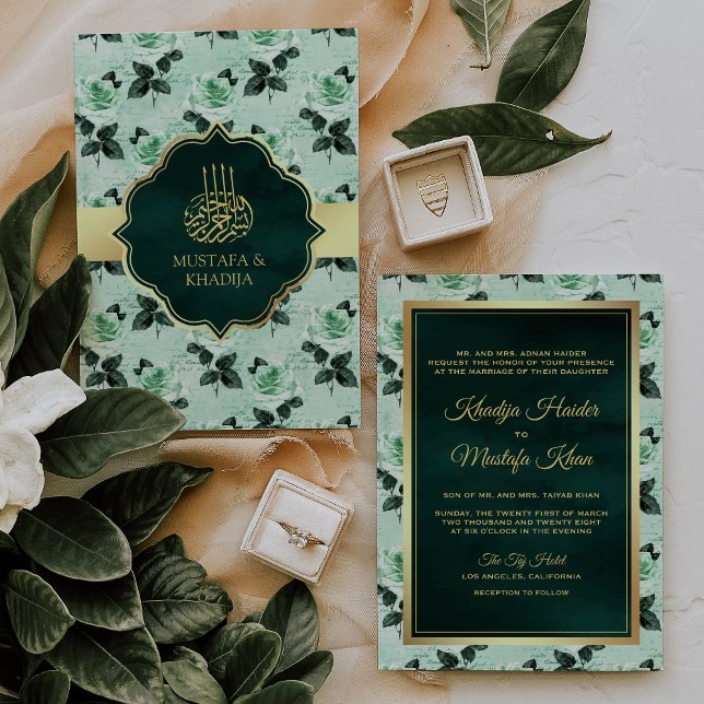 Convite Emerald Green Leaves and Mint Roses Muslim Wedding (Criador carregado)