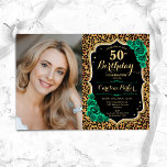 Convite Emerald Green Leopard Imprime Foto 50º Aniversário<br><div class="desc">Elegante convite floral feminino para o 50º aniversário com sua foto. Design verde preto de vidro com ouro brilhante. Possui impressão de leopardo animal, rosas verdes esmeraldas, fonte de script e confetti. Perfeito para uma festa de comemoração de na moda adulto. Personalize com seus próprios detalhes. Pode ser personalizado para...</div>