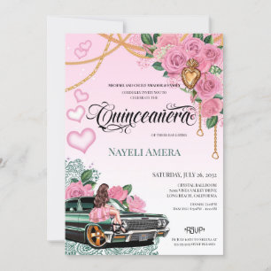 Convite Emerald Green Lowrider Rosa Rosa Chola Quinceanera
