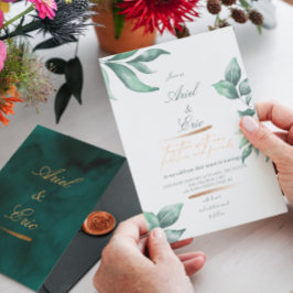 Convite Emerald Green Marble & Gold Eucalyptus Wedding