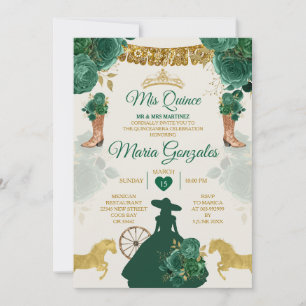 Convite Emerald Green Mis Quince 15 Anos Dourada Crown