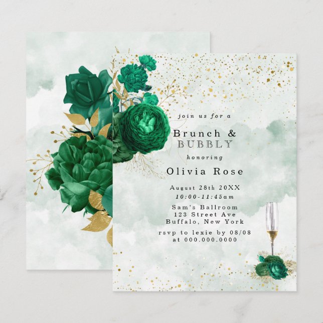 Convite Emerald Green Peony Dourado Brunch e Bubble Convid (Frente/Verso)