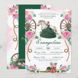 Convite Emerald Green Pink Rose Charro Western Quinceanera