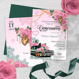 Convite Emerald Green Pink Rose Lowrider Chola Quinceanera