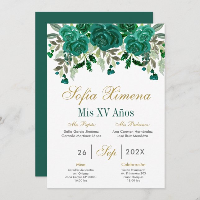 Convite Emerald Green Quinceanera (Frente/Verso)