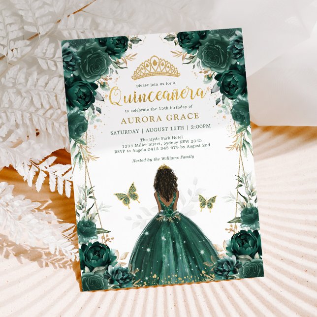 Convite Emerald Green Quinceañera Brown Skin Princess (Criador carregado)