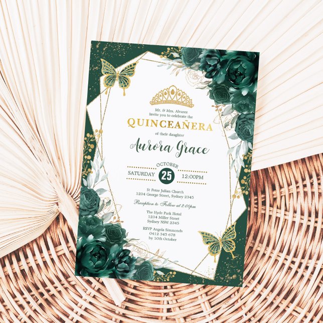 Convite Emerald Green Quinceañera Butterflies Mis Quince (Criador carregado)