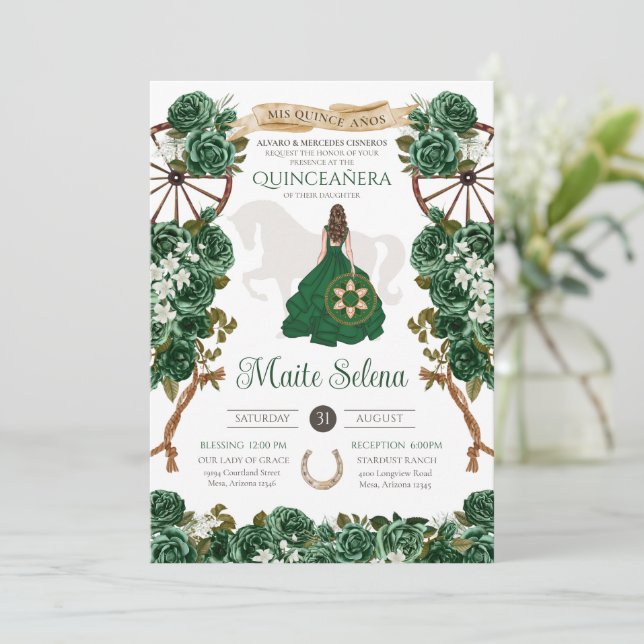 Convite Emerald Green Quinceanera Elegante Rosa Charro (Em pé/Frente)