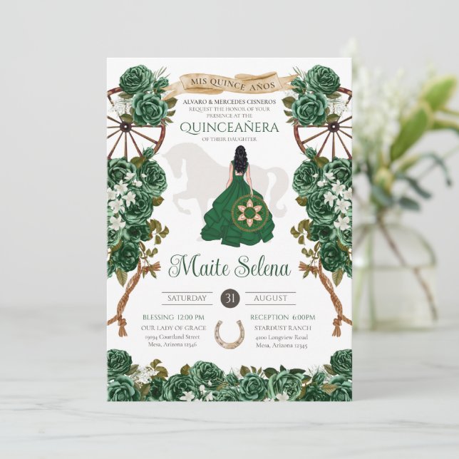 Convite Emerald Green Quinceanera Elegante Rosa Charro (Em pé/Frente)