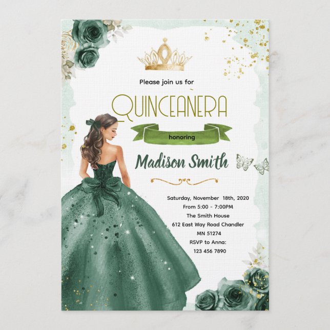 Convite Emerald green quinceañera invitation  (Frente)