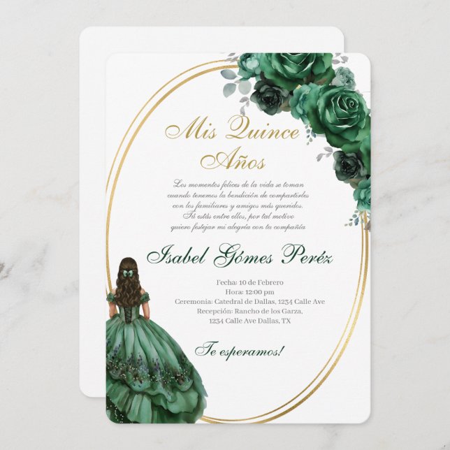 Convite Emerald Green Quinceanera invitation in Spanish (Frente/Verso)