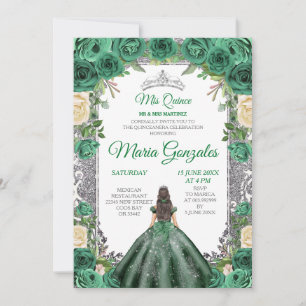 Convite Emerald Green Quinceanera Silver Crown Glitter