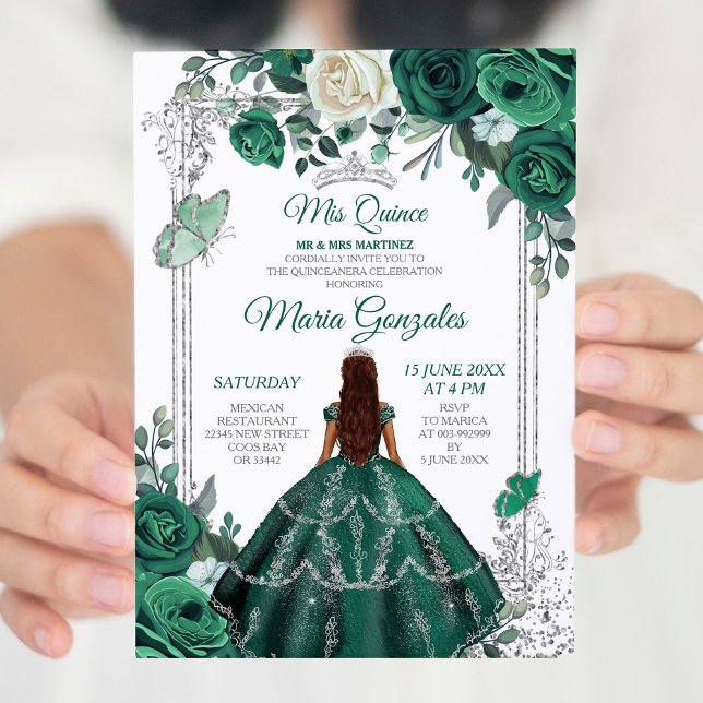 Convite Emerald Green Quinceanera Silver Crown Glitter (Criador carregado)