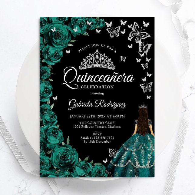 Convite Emerald Green Rosa Butterflies Quinceanera (Criador carregado)