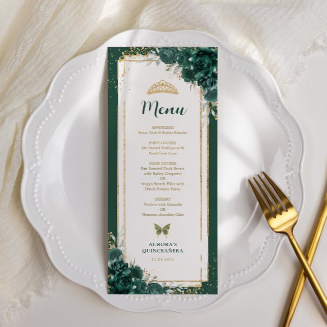 Convite Emerald Green Rosa Quinceanera Birthday Menu Card (Criador carregado)