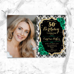 Convite Emerald Green Rosas Black Dourado Foto 50th Birthd<br><div class="desc">Elegante convite floral feminino para o 50º aniversário com sua foto. Glam Black White e emerald green design com ouro brilhante. Apresenta cor damasco preto e branco, rosas de safira, fonte de script e confetti. Perfeito para uma festa de comemoração de na moda adulto. Personalize com seus próprios detalhes. Pode...</div>