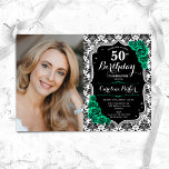Convite Emerald Green Rosas Damask Foto 50th Birthday<br><div class="desc">Elegante convite floral feminino para o 50º aniversário com sua foto. Design branco preto de vidro com prata brilhante. Apresenta cor damasco preta e branca, rosas verdes esmeraldas, fonte de script e confetti. Perfeito para uma festa de comemoração de na moda adulto. Personalize com seus próprios detalhes. Pode ser personalizado...</div>